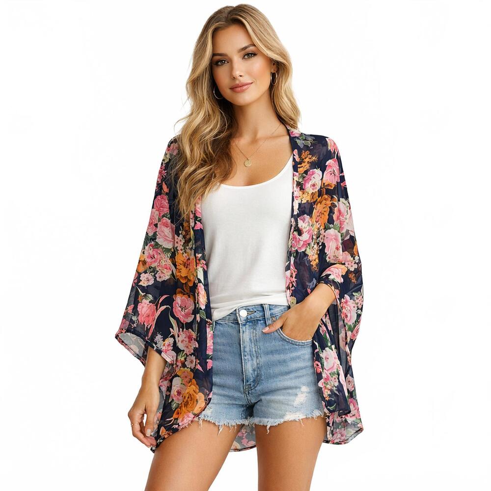 A’gaci Floral Sheer Kimono Cardigan – Navy Pink Orange – Drop Sleeve Boho Layer